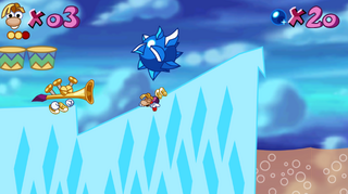 Rayman getting blown by a trumpet in the second level of Gourmand Band.