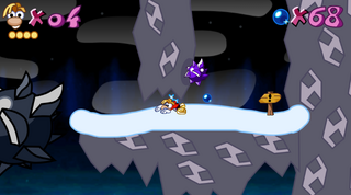 Rayman encountering snow in the third level of Boggy Mountains.