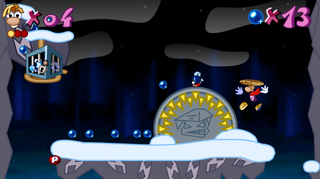 Rayman encountering a giant medallion with a picture of Mr. Mosstone engraved on it in the fourth level of Boggy Mountains, hinting at the next boss.