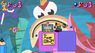 Rayman taking a checkpoint in the fourth level of the Largest Picture.