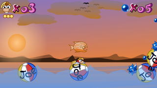 A piranha trying to attack Rayman ducking on a beach ball.
