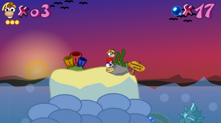 Rayman seeing a sign, showing that swimming is the only way to beat the level.