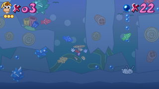 Rayman encountering a Sea Bunny and Little Fish for the first time in the Caves of Serendipity's second level.