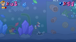 Rayman encountering a black Sea Bunny, aswell as an amethyst crystal.