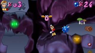 Rayman encounters Rainbow Lums in the fourth level of Caves of Serendipity.