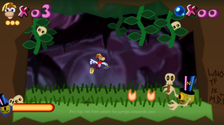 The very first boss, Jano, in the Forest of Dreams, shooting fireballs at Rayman.