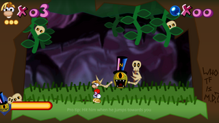 Jano doing a homing attack on Rayman, jumping from background back to foreground.