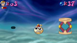 Rayman landing on a white Shuffle Bro in the third level of Gourmand Band.