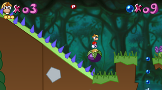 Rayman standing on a plum to cross a large gap in the fourth level of Forest of Dreams.
