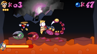 Brainwashed Skops trying to knock Rayman out with his dual claws.