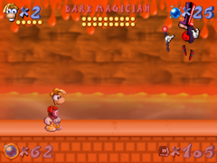 The Dark Magician attempting to destroy Rayman in the Fiery Fort.