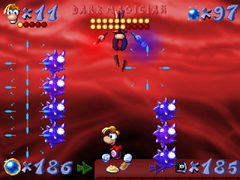 The Dark Magician trapping Rayman between dark spiky balls.